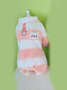 PETSIN Pink Striped Plush Warm & Cozy Jumpsuit For Pets With Leash, Suitable For Autumn And Winter