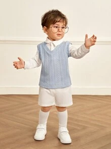 Souflis Souflis 2pcs Baby Boys/Toddlers Formal Classic Elegant Little Gentleman Academy Knitted Cable Vest Shirt Collar Mock Layered Top Shorts Set, White Shirt, Blue Vest, White Trousers