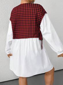 SHEIN EZwear 大码休闲落肩格子拼接长裙，秋冬 - 紅白色 - 查看 2