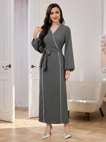 Modelyn Women's Deep V-Neck Patchwork Trimmed Knit Belt Fitted Straight Long Dress Maxi Women Outfit Long Evening Dresses - Light Grey - View 6