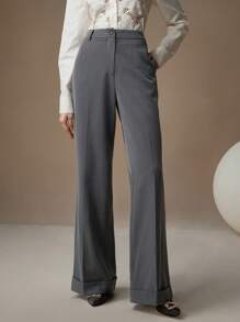 Anewsta Women's Business Casual Plain Color Slant Pocket Wide Leg Suit Pants