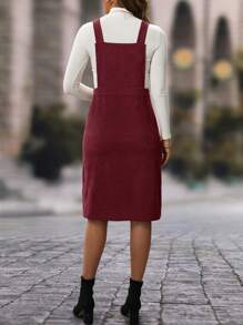 EMERY ROSE Women Casual Solid Color Corduroy Button Front Pinafore Dress - Burgundy - View 2