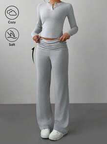 SHEIN BASICS Bộ 2 món dành cho nữ: Áo thun bó cổ tròn màu trơn đơn giản tay dài & Quần ống đứng cạp cao, mùa thu - Màu Xám nhạt - Xem 3