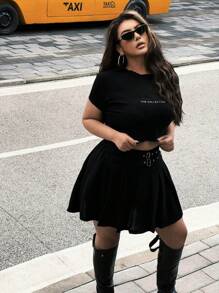 Flirla Falda plisada de línea A de unicolor y minimalista en talla grande, para uso casual diario - Negro - Ver 7