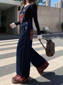 DAZY Peto vaquero casual de mujer con parche de tartán, minimalista y de moda para uso diario