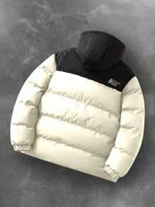 Manfinity Homme Men's Casual Color Block Letter Print Hooded Padded Coat, Winter,Men Winter Coat, Color Block Plus Fleece Warm Winter Coat