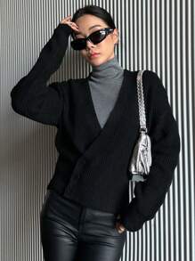 DAZY Design Sense Asymmetric Button V-Neck Knitted Pullover Sweater For Women