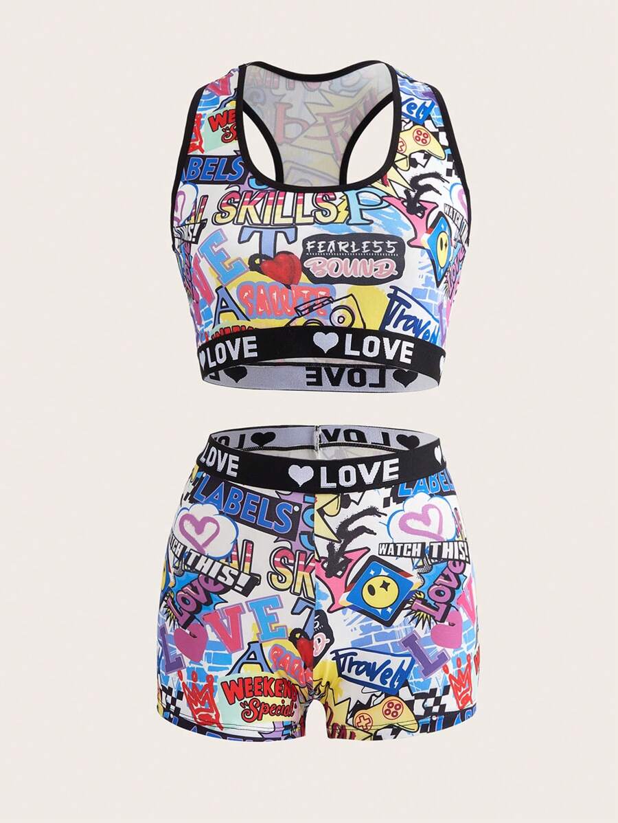 2pcs/Set Cartoon Print Wide Strap Bra And Briefs Underwear Set - Multicolor - View 1