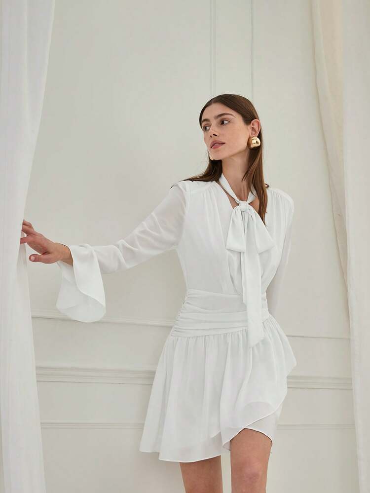 New Autumn Winter Products,Women's Solid Color Lace-Up Neck Elegant Long Sleeve Dress,Fall Winter  Women's Clothing,White Dress