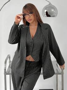 SHEIN EZwear Plus Size Striped Blazer & Pants Set, Early Fall - Black - View 5