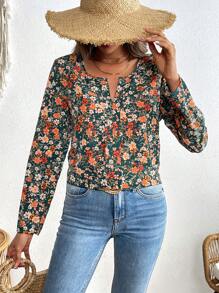 SHEIN VCAY Blusa de manga larga, suelta y de gasa con estampado floral para vacaciones para mujeres