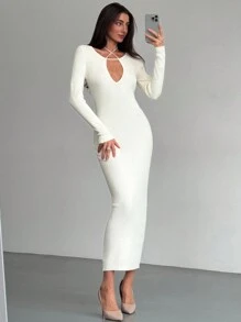 Aloruh Minimalist Deep V-Neck Tie Front Bodycon Long Sleeve Maxi Sweater Dress For Women, Autumn/Winter - Apricot - View 6