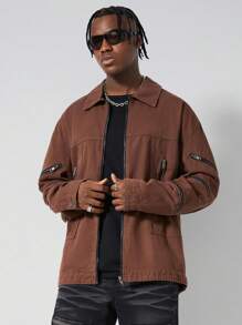 ROMWE MEN Street Life Veste en jean décontractée style rétro et casual ample avec fermeture éclair pour hommes - Tabac - Voir 3