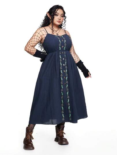 Fairycore Plus Size Botanical Embroidered Button Front Sleeveless Dress