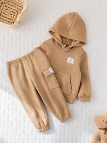 SHEIN Leap Crew Bộ 2 món/bộ áo hoodie thể thao giản dị dễ thương có túi và quần cạp chun cho bé trai/bé gái, phù hợp cho mùa thu/đông - Màu be - Xem 6