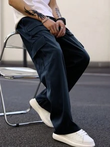 Claim Dot Loose Fit Men Solid Color Slant Pocket Cargo Pants - Navy Blue - View 1