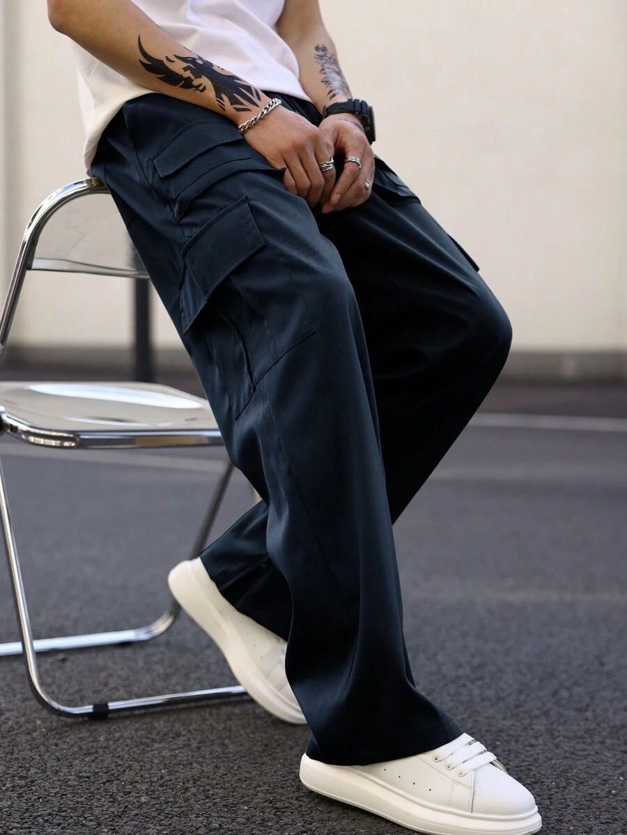 Claim Dot Loose Fit Men Solid Color Slant Pocket Cargo Pants - Navy Blue - View 1