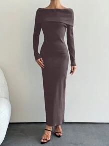 SHEIN Tall Effen kleur off-shoulder getailleerde elegante lange mouw trui jurk - Chocolade bruin - Bekijken 5