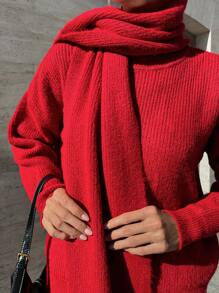 EURMUSE 女士秋冬套装：纯色落肩长袖毛衣、针织中裙和围巾、休闲装 - 紅色 - 查看 7