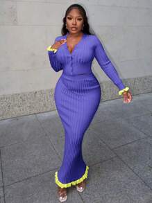 Slaydiva 秋冬休闲优雅V领长袖开襟截角微喇叭袖口上衣修身长裙绿边玫粉色罗纹毛针织女毛衣两件套-A - 紫羅蘭色 - 查看 4