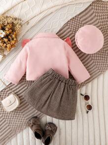 Conjunto de chaqueta y falda con volantes y abotonadura única para bebé niña, con sombrero, ropa de primavera, otoño e invierno - Rosa - Ver 2