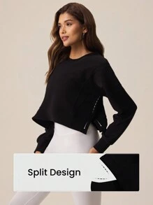 Lifespree Round Neck Side Slit Design Sport Sweatshirt - Black - View 5