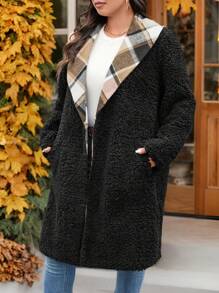 SHEIN LUNE Abrigo de peluche con cuello de chal a cuadros en contraste, talla grande, casual, para otoño/invierno/Día de Acción de Gracias, traje de fiesta, térmico