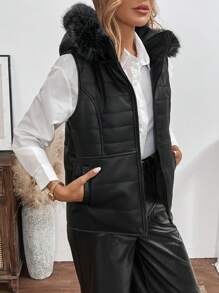 SHEIN LUNE Winter Jacket , Hooded PU Vest With Removable Hood Black Jacket