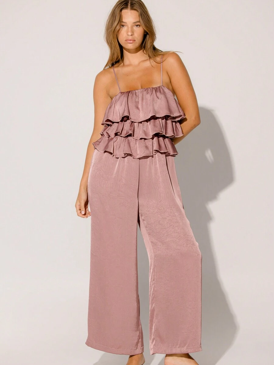 Aralina Soft Pink Flowy Wide Leg Ruffle Tiered Jumpsuit - Baby Pink - View 1