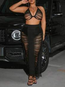 Plus Size Women Hollow Sexy 2 Pieces Bikini Cover-Up Set Summer - Black - View 5