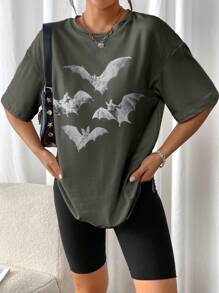 INAWLY Vrouwen Vleermuis Print Ronde Hals Casual Korte Mouw T-shirt Grafische Tees Vrouwen Tops