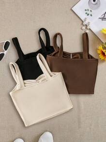 Chiquease 3pcs Women Square Neck Ruched Front Quilted Thermal Tank Top Set, Fall/Winter