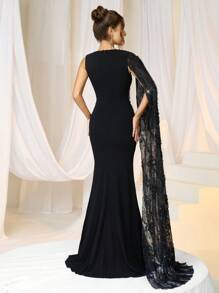 SHEIN Belle Vestido formal de fiesta elegante para mujer, de punto negro con contraste de encaje en la cintura, vestido de noche, vestido de graduación, para invitados de boda, cena