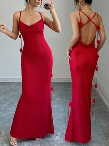Chiquease French Fashion Sexy Bodycon Spaghetti Strap Ruffled Draped Neck Backless 3D Floral Knit Elastic Red Long Mermaid Dress For Women, Autumn For New Year Clothes Maxi Women Outfit - Red - View 1