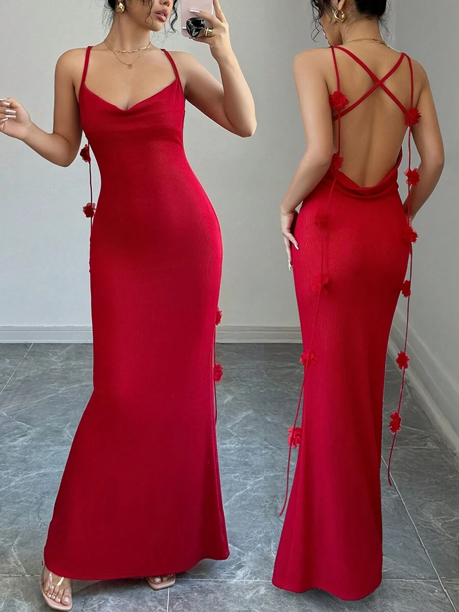 Chiquease French Fashion Sexy Bodycon Spaghetti Strap Ruffled Draped Neck Backless 3D Floral Knit Elastic Red Long Mermaid Dress For Women, Autumn For New Year Clothes Maxi Women Outfit - Red - View 1