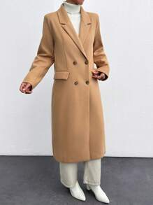 SHEIN Cottnline Women's Solid Double-Breasted Elegant Long Sleeve Overcoat, Autumn/Winter - Khaki - View 3