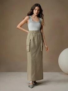 Anewsta Casual Straight Utility Cargo Skirt With Pockets, Elastic Waist Maxi