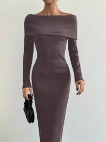 SHEIN Tall Effen kleur off-shoulder getailleerde elegante lange mouw trui jurk - Chocolade bruin - Bekijken 3