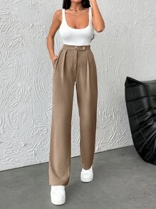 EURMUSE Damen stilvolle Einfarbige hochgeschnittene Bundfalten-Hose mit gerader Schnittform und mehreren Knopfdetails - Braun - Übersicht 4