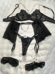 Conjunto de lencería sexy de 5 piezas con cadenas de encaje - Negro - Ver 8