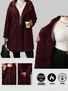 SHEIN LUNE Plus Size Women Solid Color Raglan Long Sleeve Hooded Coat, Autumn/Winter - Burgundy - View 1