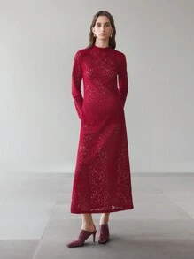 Ontre Women's Deep Red Lace Backless Fitted Long Sleeve Elegant Party Dress For Christmas & New Year - Red - View 6