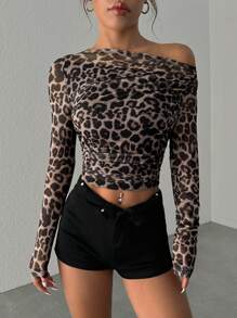 SHEIN EZwear Women's Leopard Print Asymmetric Neckline Ruched Fitted Long Sleeve Top - Mocha Brown - View 6
