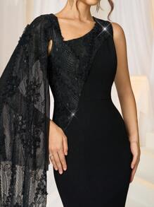 SHEIN Belle Vestido formal de fiesta elegante para mujer, de punto negro con contraste de encaje en la cintura, vestido de noche, vestido de graduación, para invitados de boda, cena