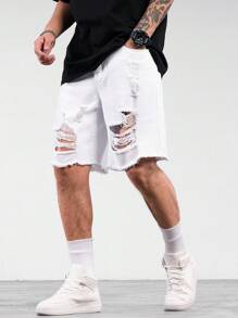 Manfinity EMRG Quần short denim ống rộng màu trơn có túi đơn giản, đa năng, đi chơi, quần short denim trắng rộng thùng thình, dành tặng chồng, bạn trai - trắng - Xem 4