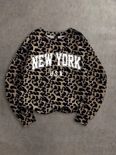 Slaydiva 休闲简约纽约字母豹纹大码宽松露肩运动衫，大码