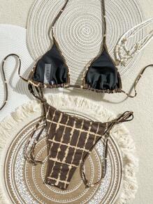 SHEIN Swim 夏季海滩女士比基尼泳装套装三角杯扎染亮点图案贝壳定位配件设计，侧系带女士泳裤 - 彩色 - 查看 2