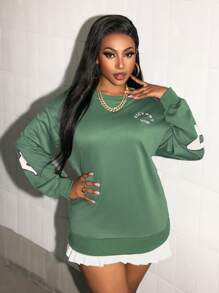 Zolique 女士针织字母图案秋冬百搭套头卫衣 - 軍綠色 - 查看 3