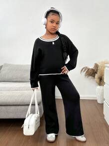 Tween 女童宽松休闲简约舒适圆领套装 - 毛衣和裤子，蝴蝶结装饰 - 黑色 - 查看 4