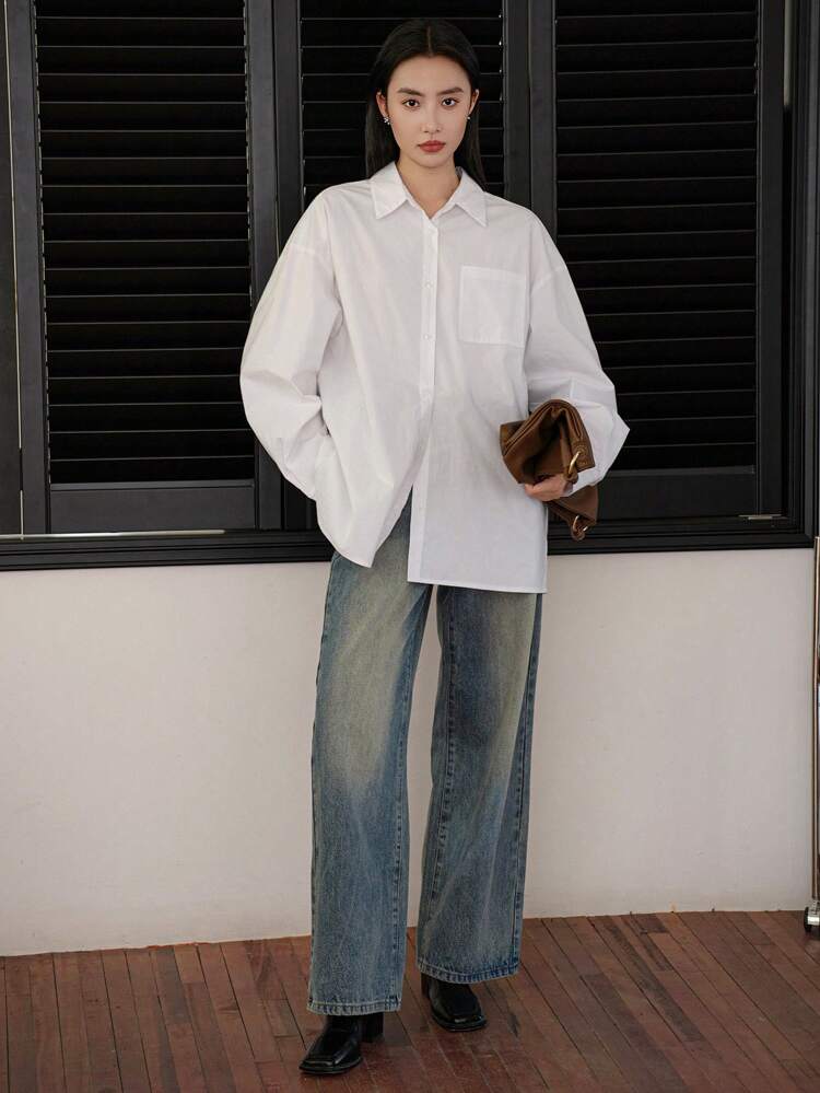 1pc Women Drawstring Waist Minimalist Design Long Sleeve Shirt,Fall Clothes